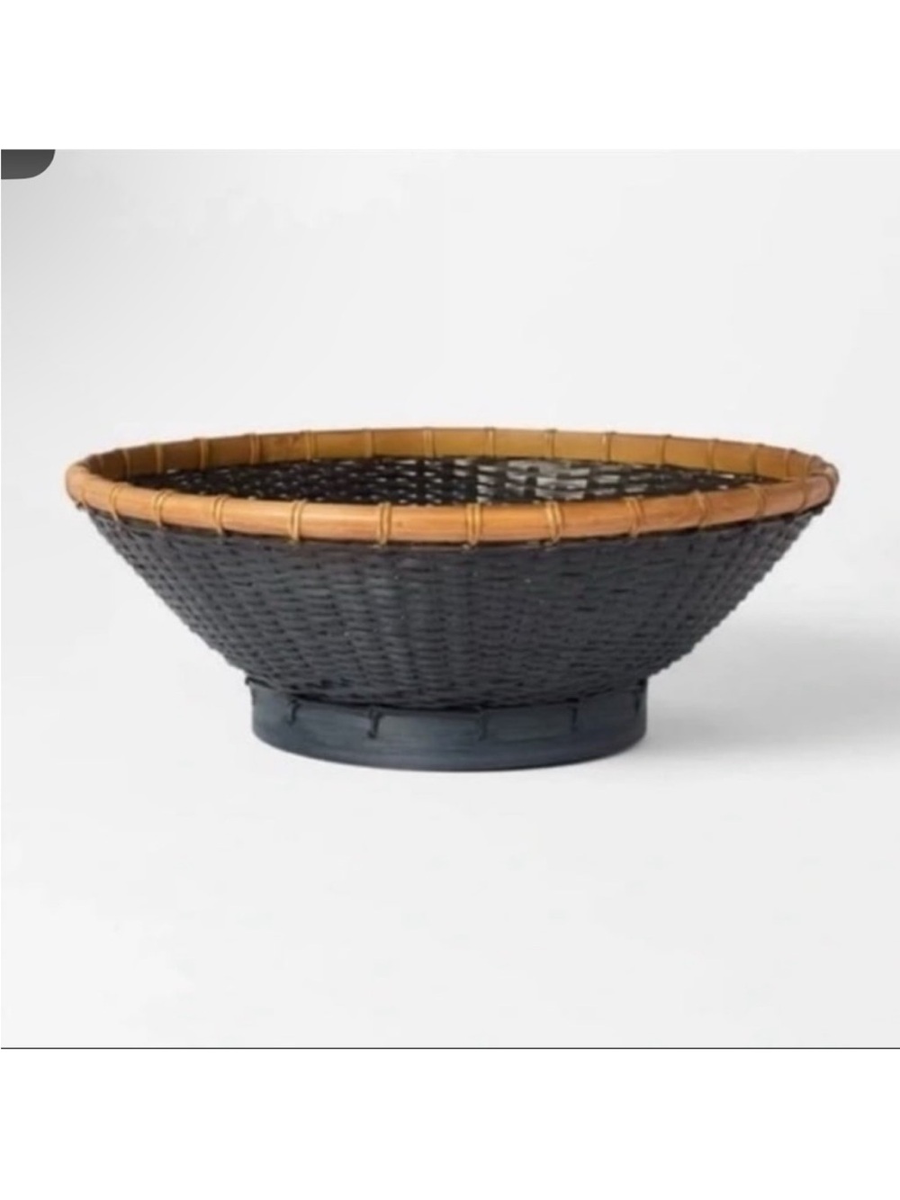 Studio McGee Round Black Bamboo Woven Bowl with Tan Rim. 15.75”